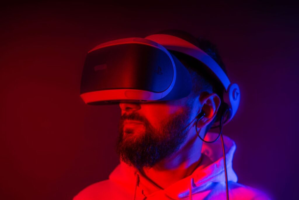 Person wearing augmented reality smart glasses similar to Samsung Galaxy Glasses