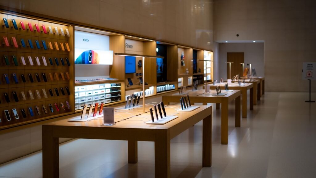 Rows of smartphones displayed on tables and shelves in a mobile phone store