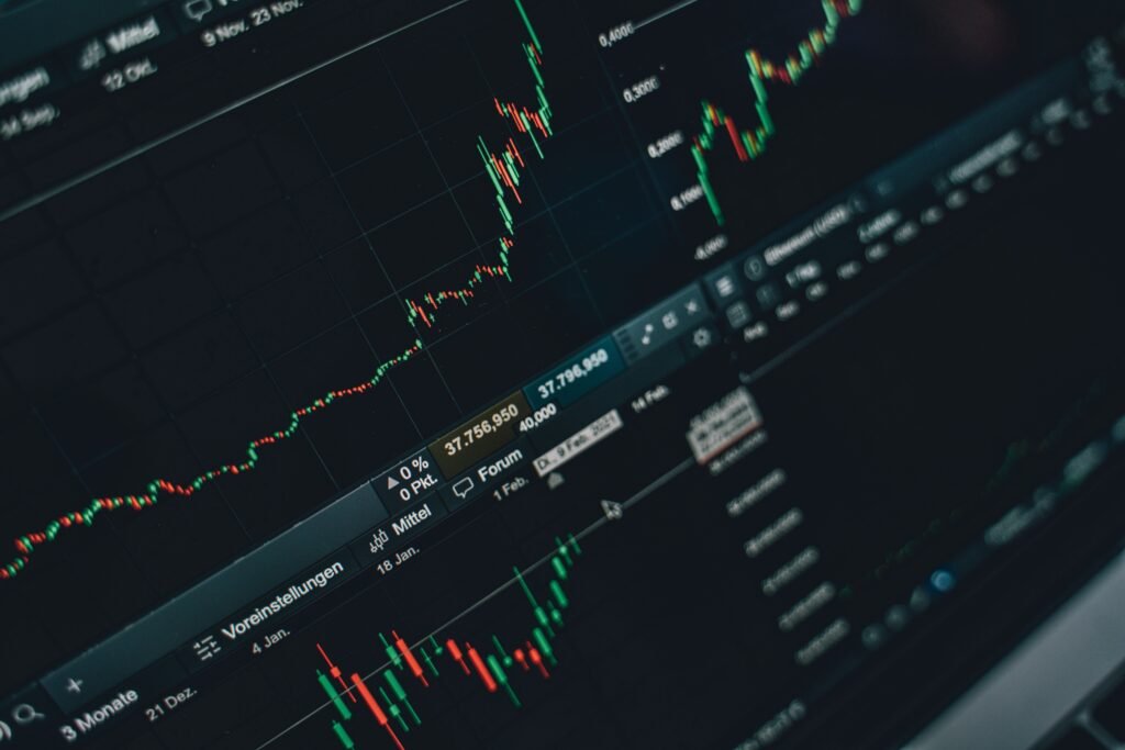 Close-up of a stock market trading screen showing financial growth charts