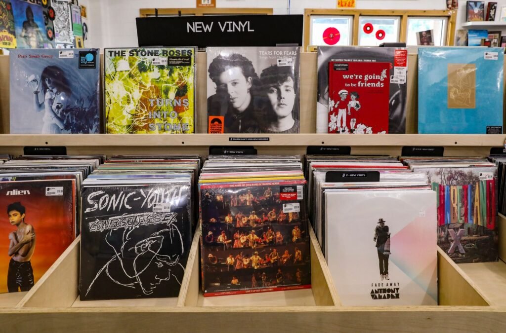 Rows of new vinyl records on wooden shelves in a record store, illustrating the physical release of the GTA 6 soundtrack album