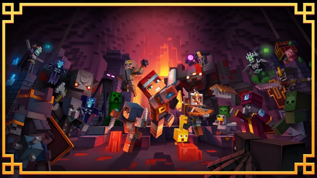 Official key art for Minecraft Dungeons II showing heroes ready to fight through a new dungeon