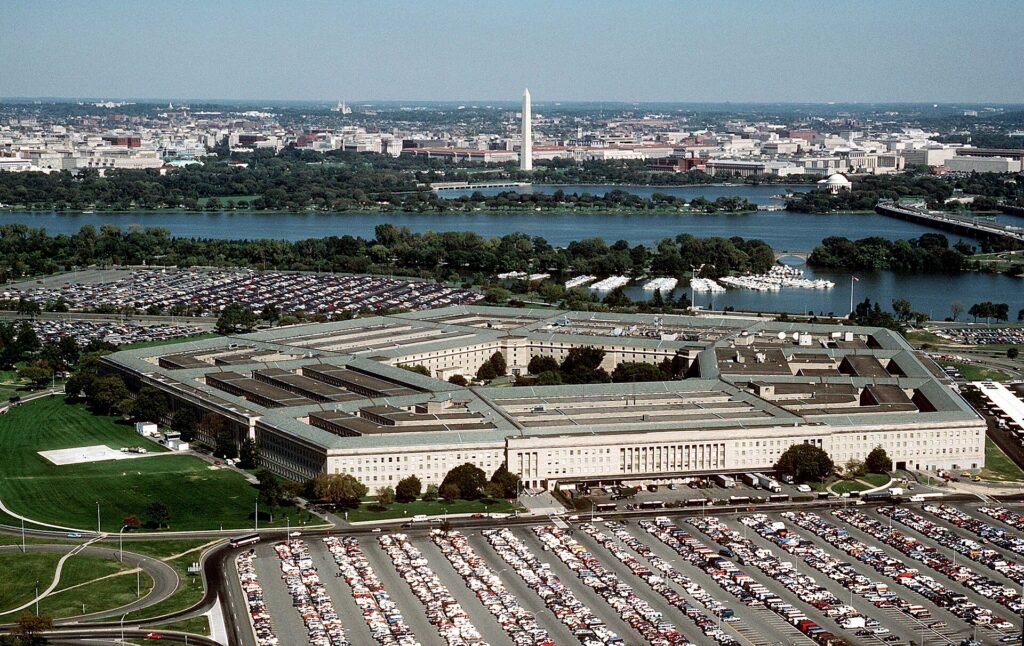 Aerial exterior view of the Pentagon, headquarters of the U.S. Department of Defense