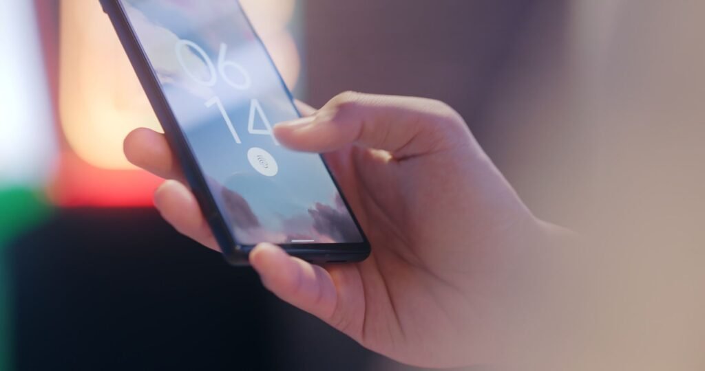 Hand holding an iPhone showing a lock screen