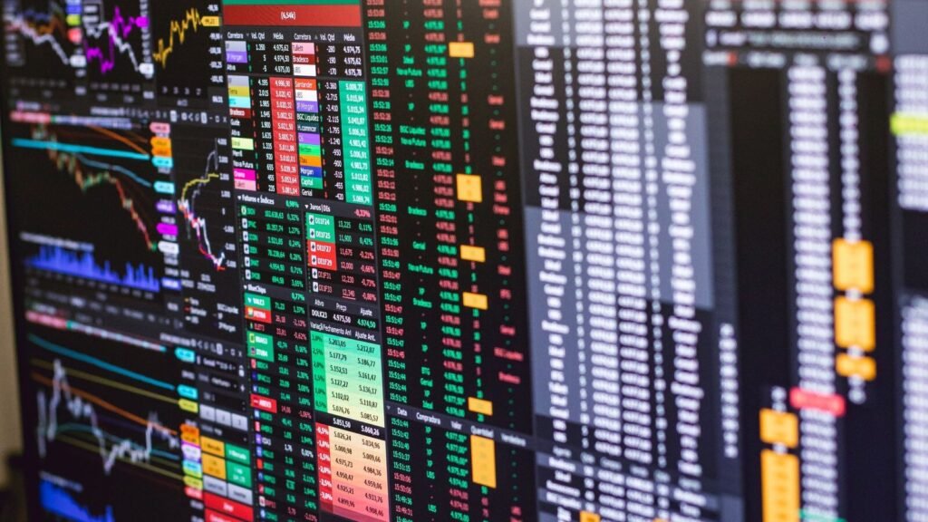 Trading screen with colorful charts and market data