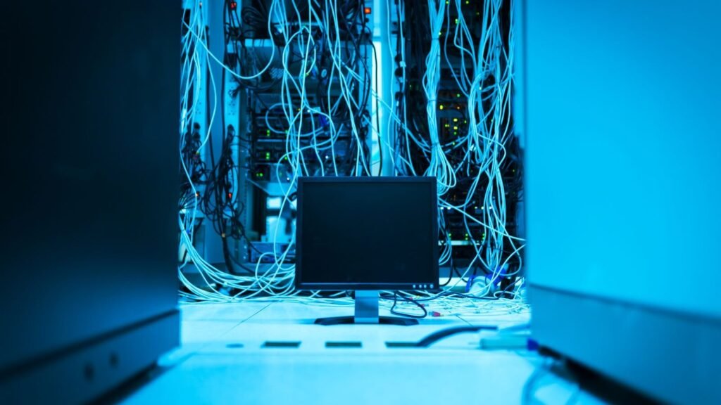 Network cables in a data center with a monitor in front