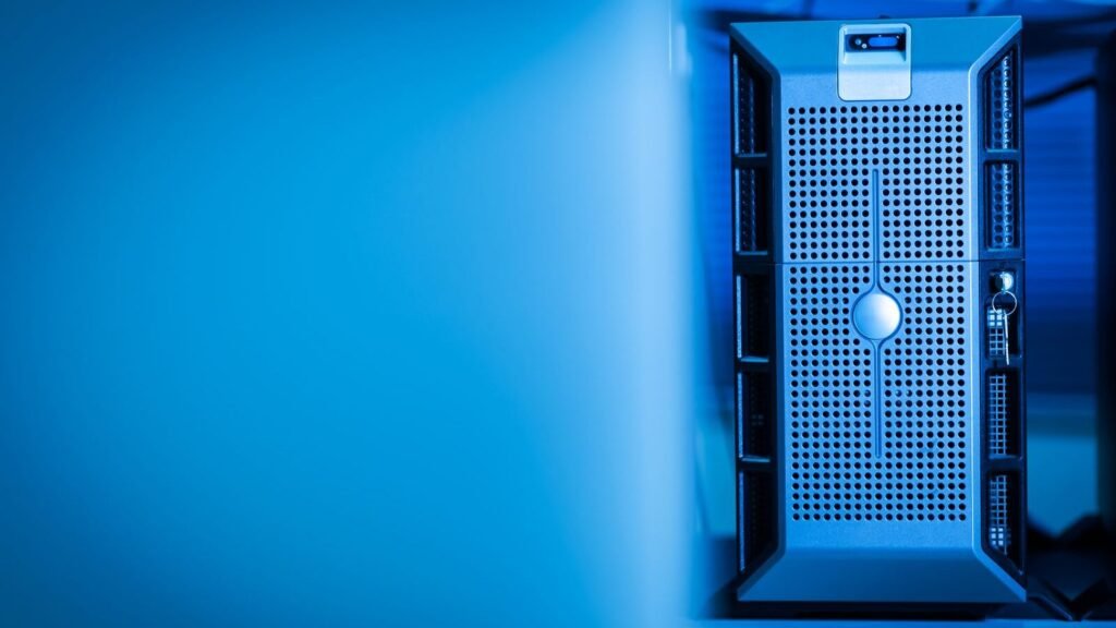 Server unit in a blue lit data center