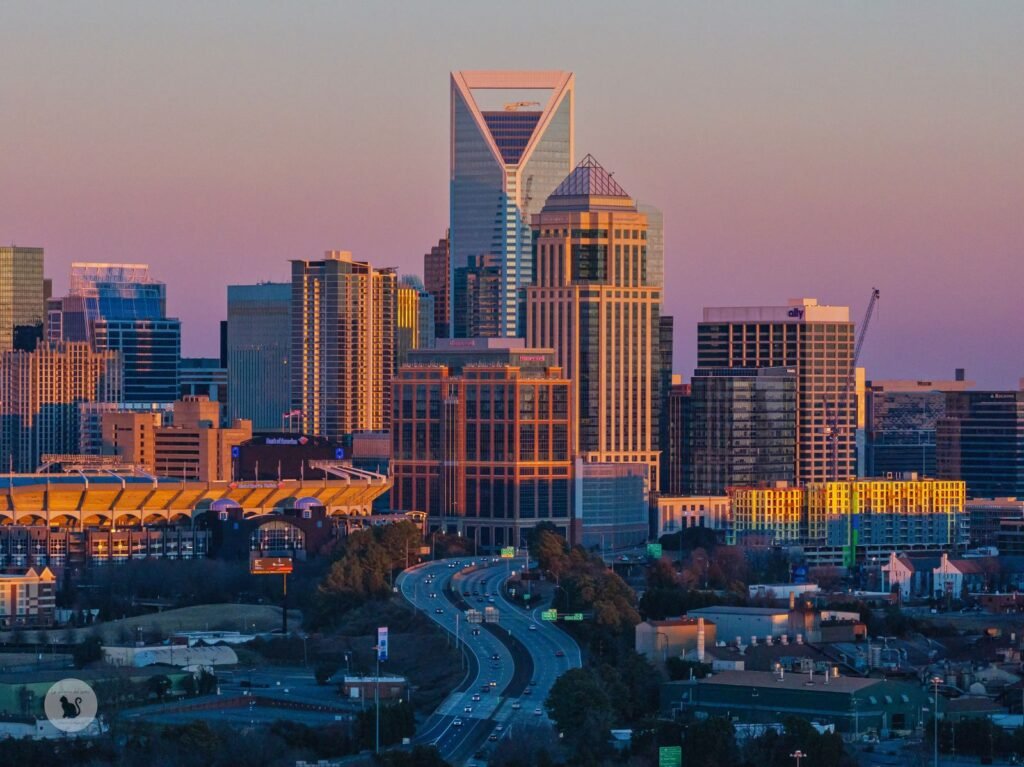 Skyline of Charlotte North Carolina at sunset