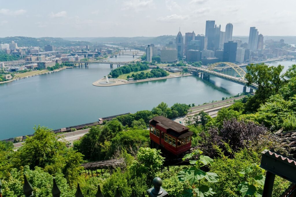 Aerial view of the Pittsburgh Pennsylvania skyline and incline