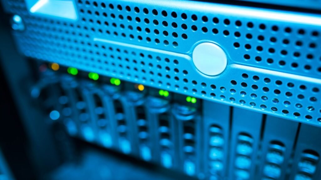 Data server rack with blinking lights