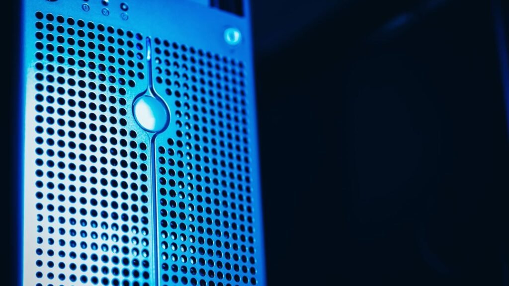 Server rack with blue lighting in a data center