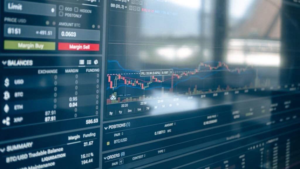 Stock exchange charts on a trading screen for reading the Chaikin Money Flow indicator