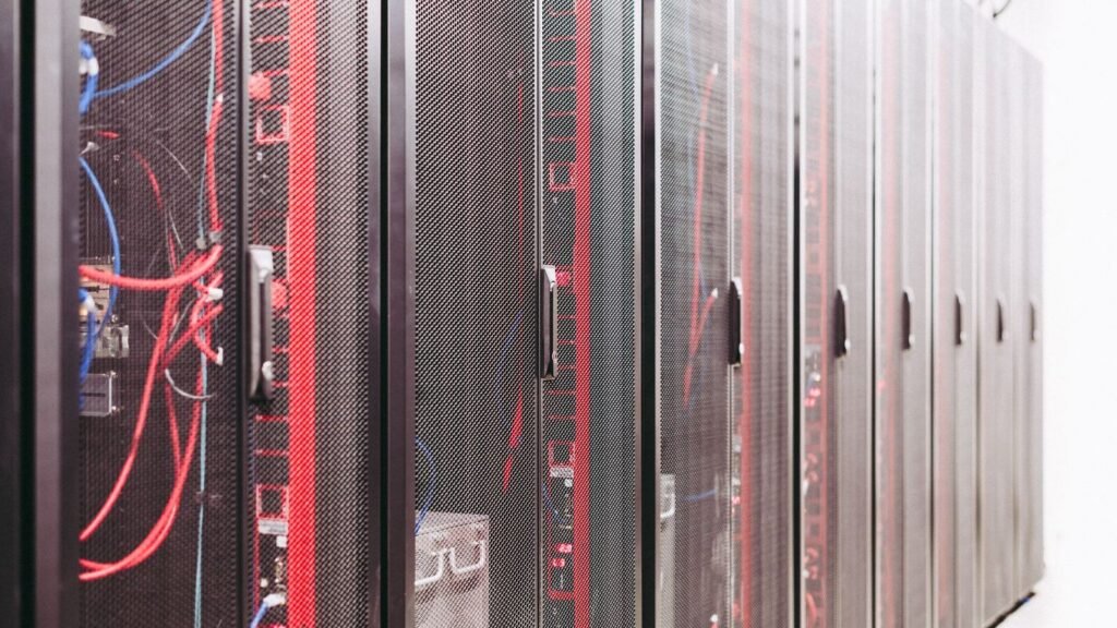 Bundles of network wiring in a telecom cabinet