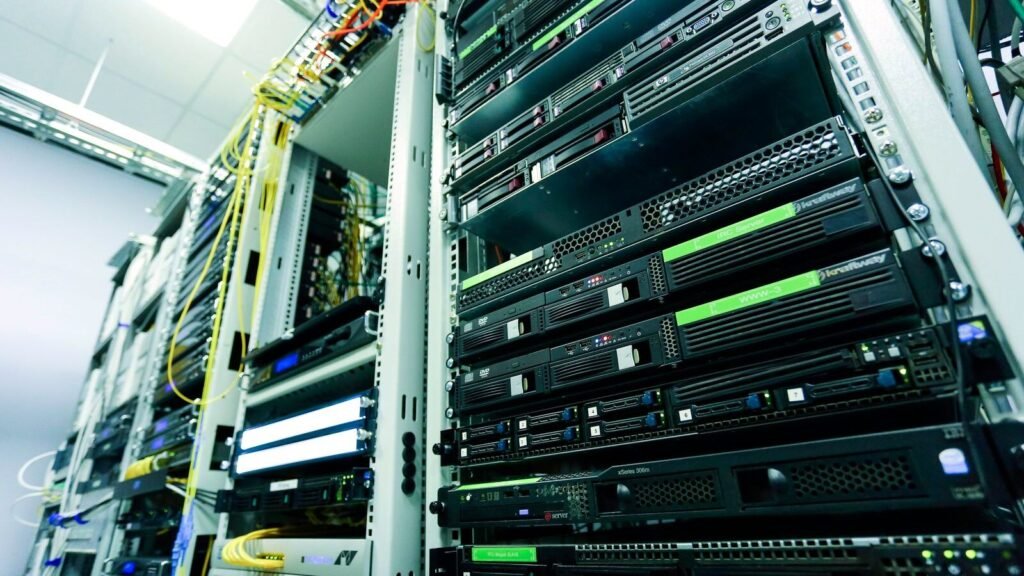 Server rack with network cables in a data center