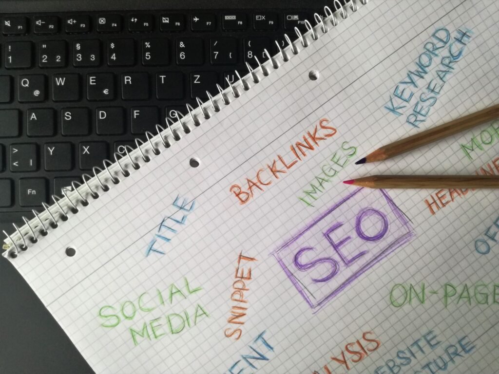 Google Ads Keyword Planner: How It Shows the Most Relevant Keywords Notebook with handwritten SEO and keyword research notes resting on a computer keyboard