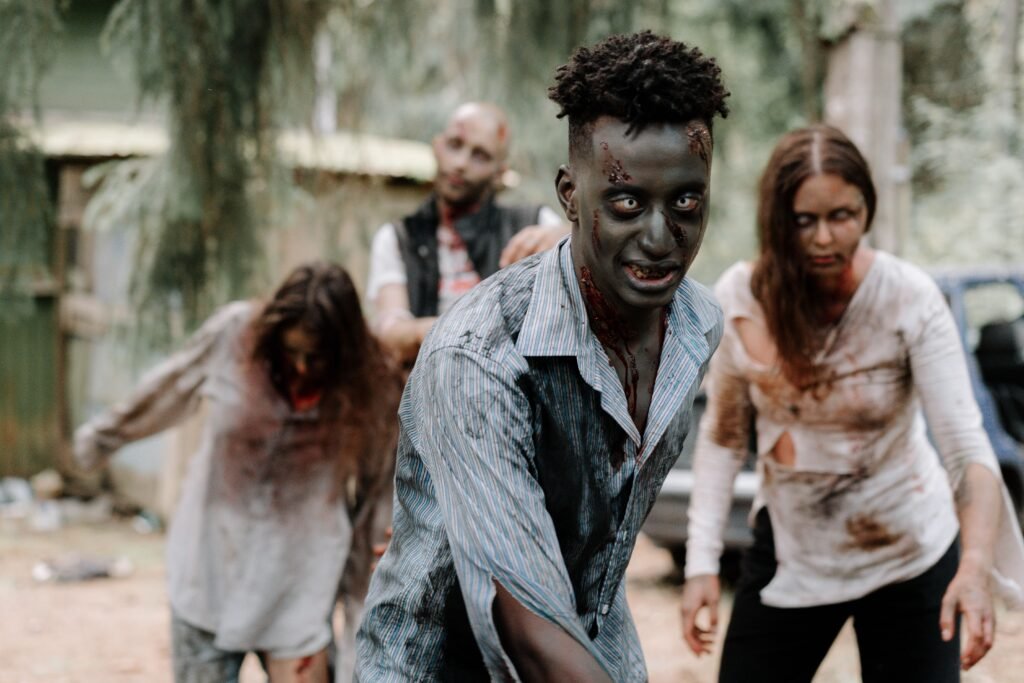 Close-up of zombie-style horror makeup similar to the infected in Resident Evil