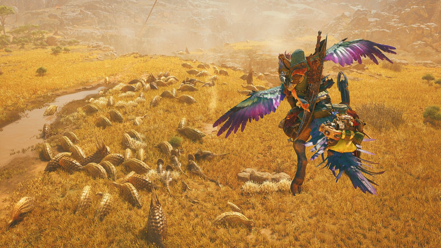 Official Monster Hunter Wilds screenshot showing a hunter facing a large monster