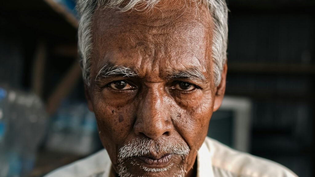 Close-up of an elderly man's weathered face, the kind of facial detail AI models like FAHR-Face analyze