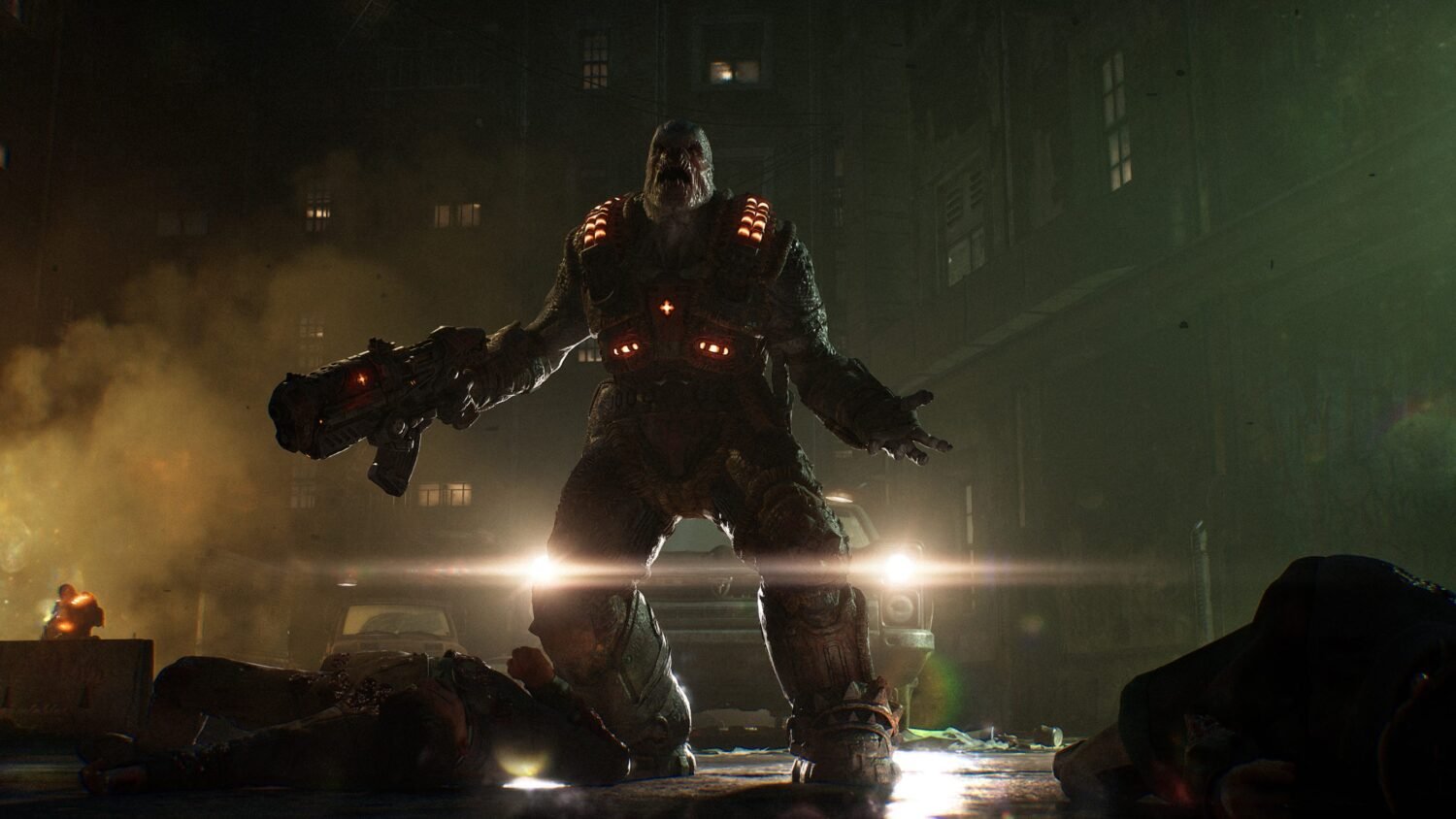 Locust horde emerging in the ruined city of Kalona in Gears of War: E-Day