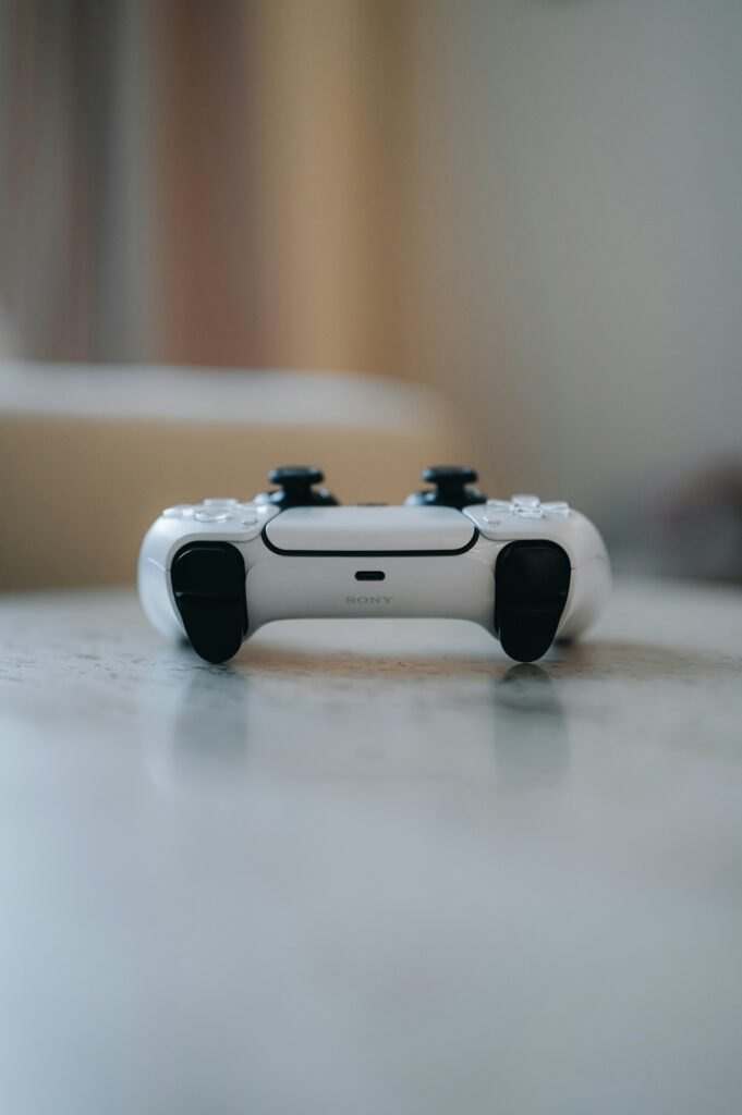 Close-up of a PlayStation 5 DualSense controller on a table