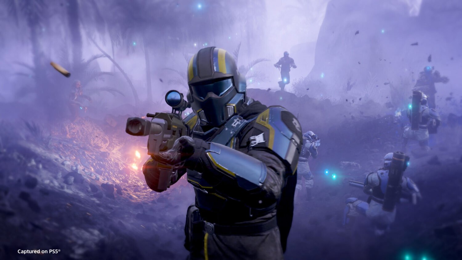 Official Helldivers 2 gameplay screenshot of a squad on a hostile planet