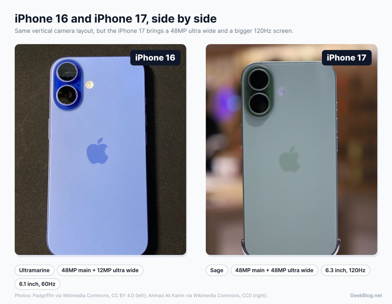 Back of an Ultramarine iPhone 16 next to the back of a Sage iPhone 17