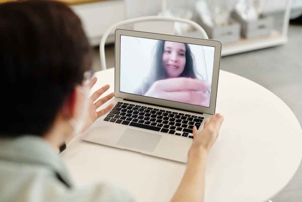 Woman having a video call on a laptop