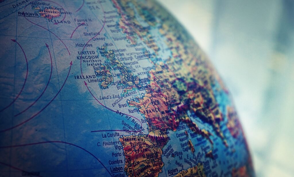 Close-up of a world globe showing Europe and the Atlantic Ocean