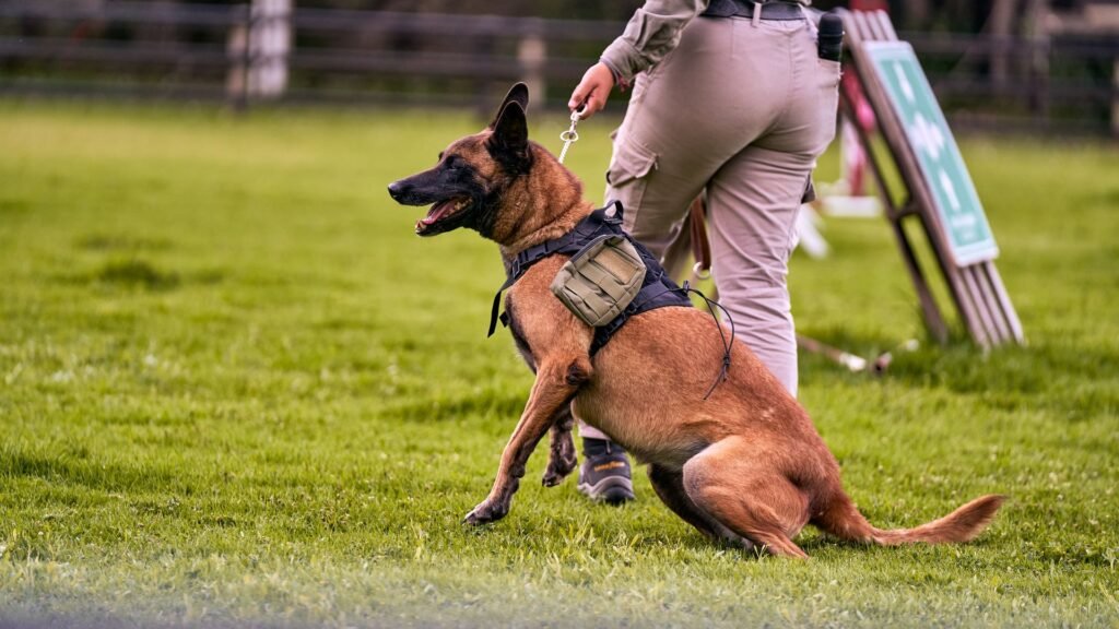 Palmer Luckey and the Dire Wolf CEO Want to Clone America’s War Dogs. None Exist Yet. Belgian Malinois working dog in a harness training outdoors with its handler
