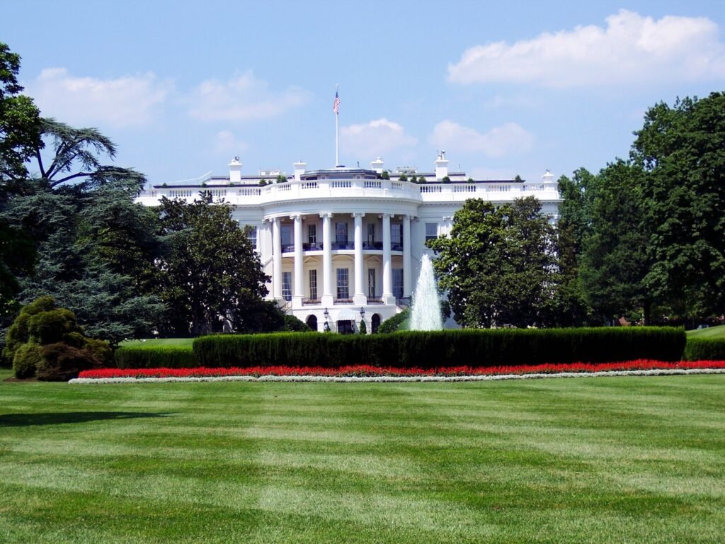 The White House in Washington, DC, seen from the front on a clear day